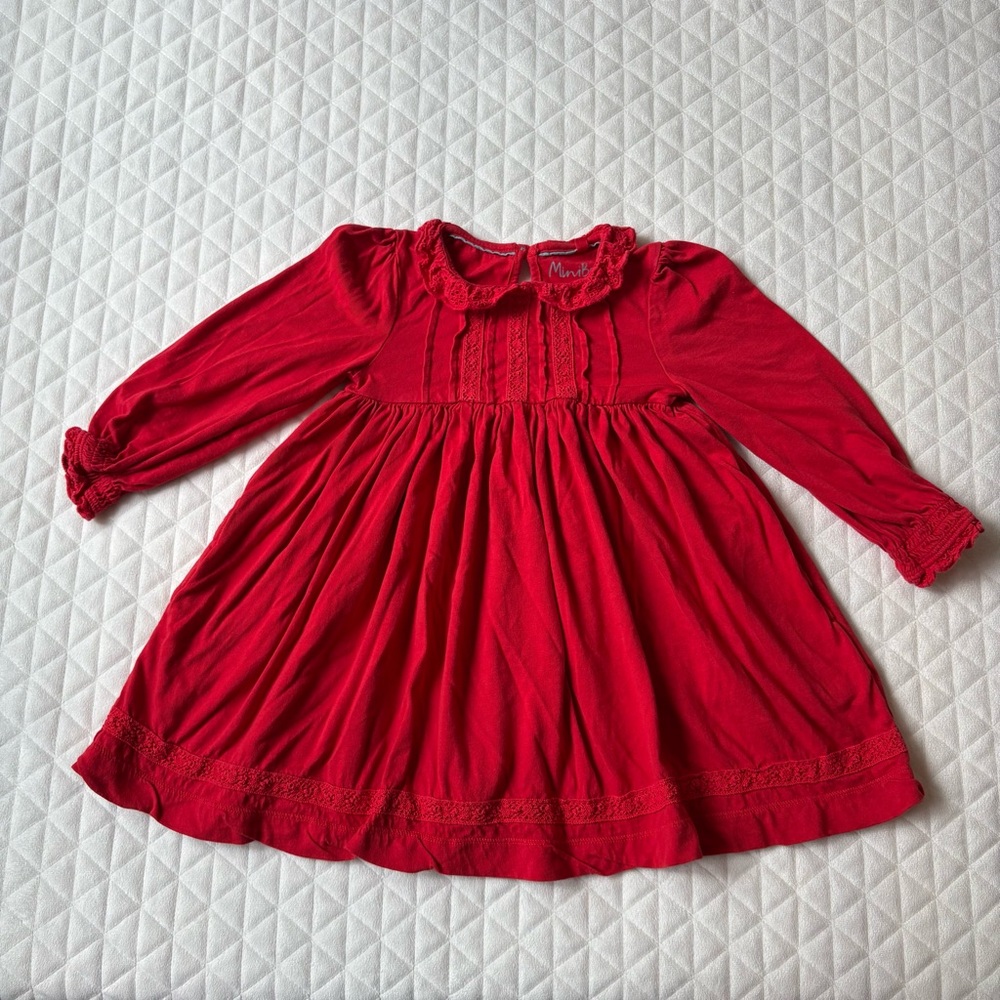 Mini Boden Broderie Peter Pan Collar Girl Dress Sz 3-4Y Red Festive Long Sleeve